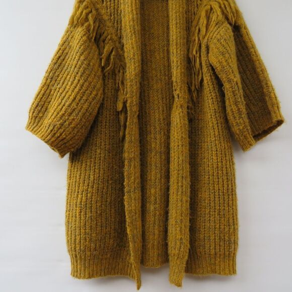 Anthropologie OS Stevie Boho Fringe Marled Knit Mustard Yellow Cardigan Sweater - Picture 6 of 15